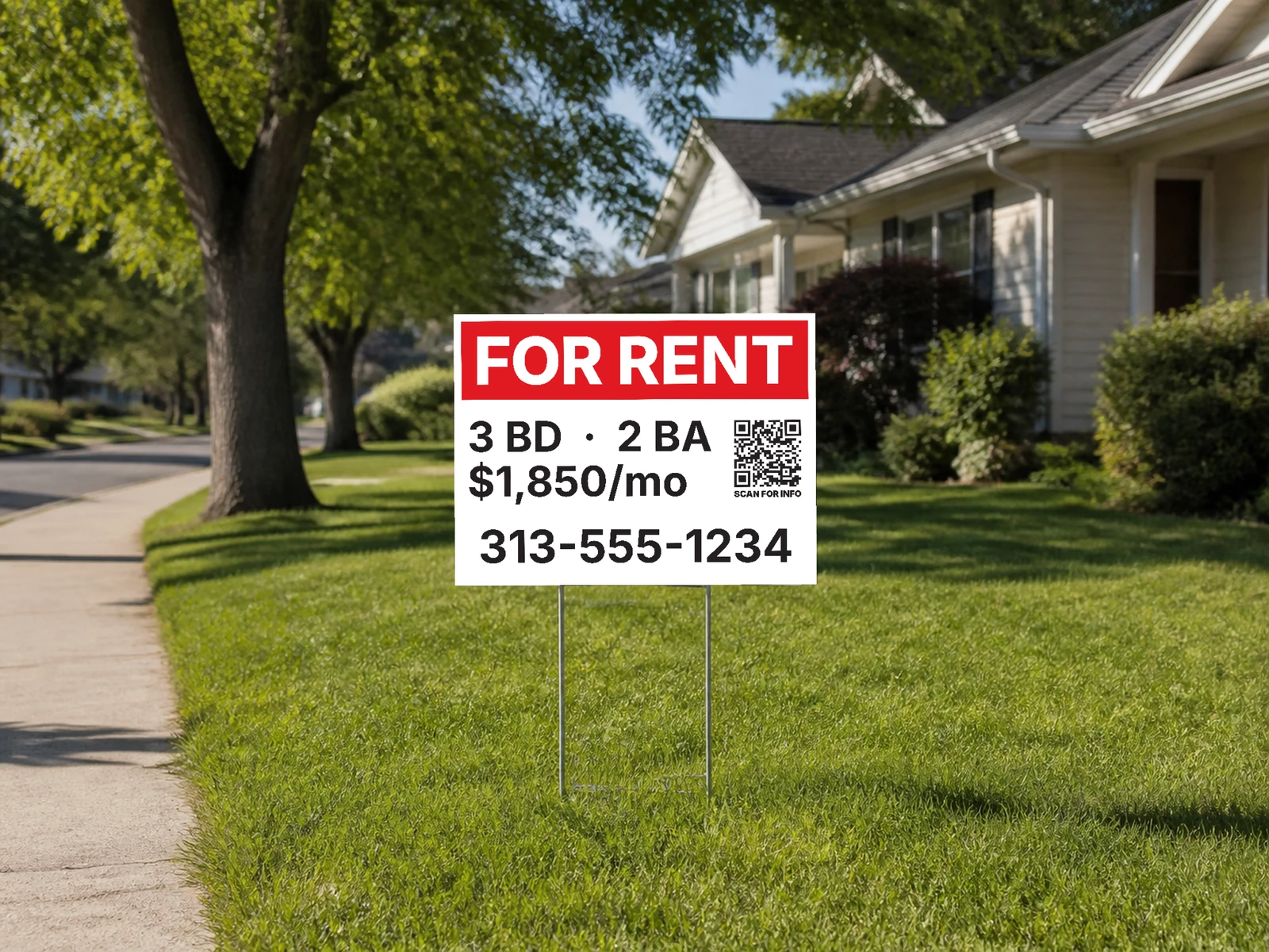Custom For Rent yard sign installed on a metal stake in a front yard