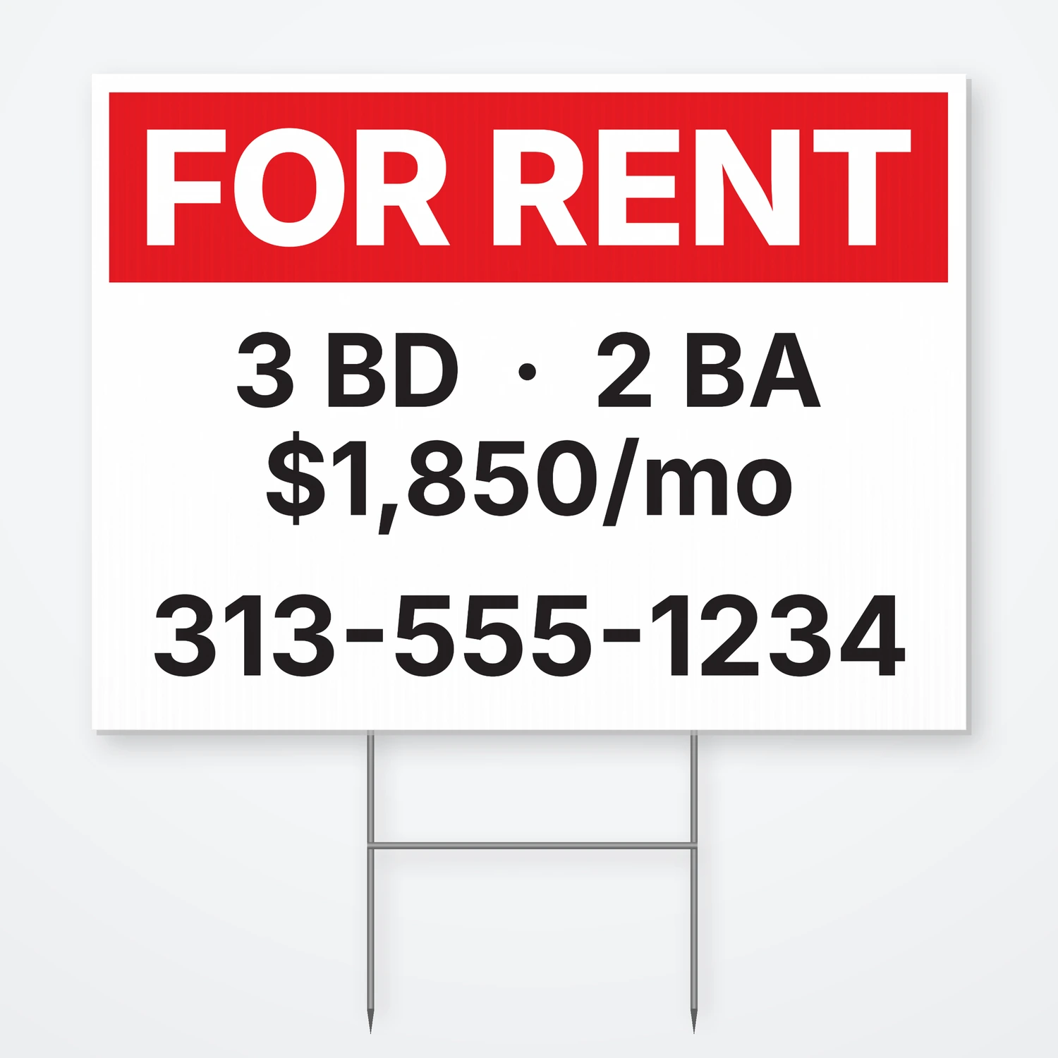 Custom double-sided For Rent yard sign with rental details and metal yard stake