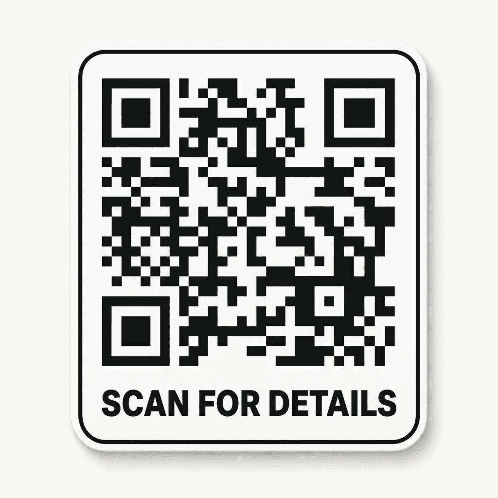 Square QR code sticker labeled Scan for Details