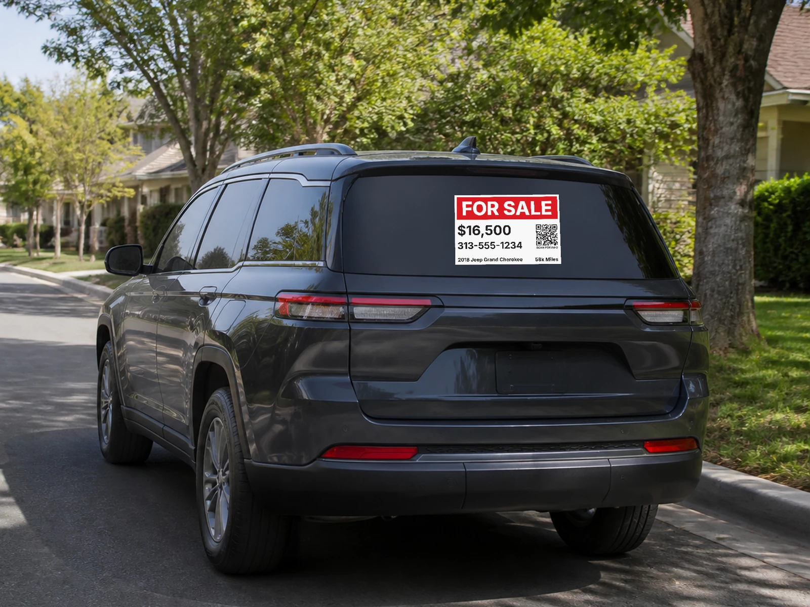 Vehicle For Sale sticker displayed on the rear window of a parked SUV