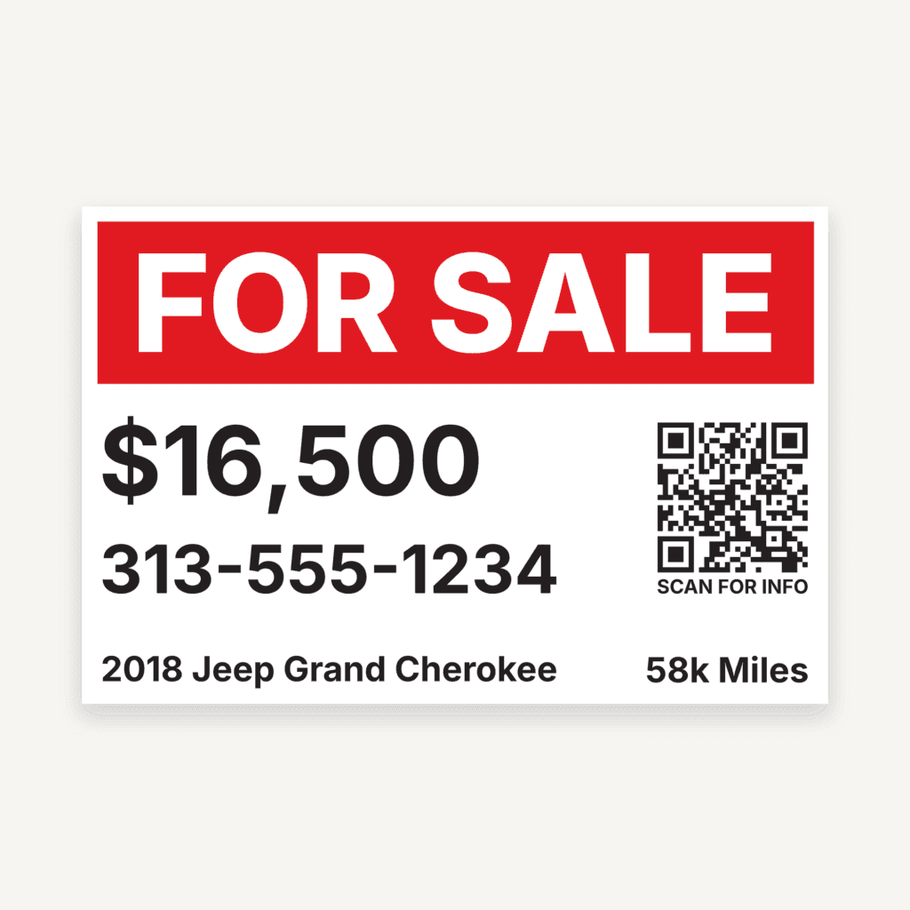 Custom Vehicle For Sale sticker with price, phone number, vehicle details, and QR code